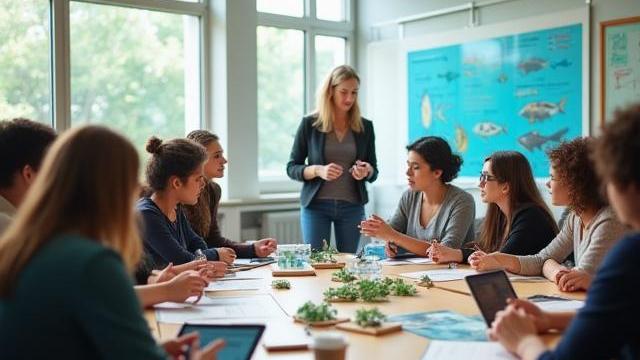 Un groupe d'enseignants engagés participant à un atelier de formation de Phare Créatif, utilisant des tablettes et des maquettes marines pour apprendre des méthodes pédagogiques innovantes sur la conservation marine.